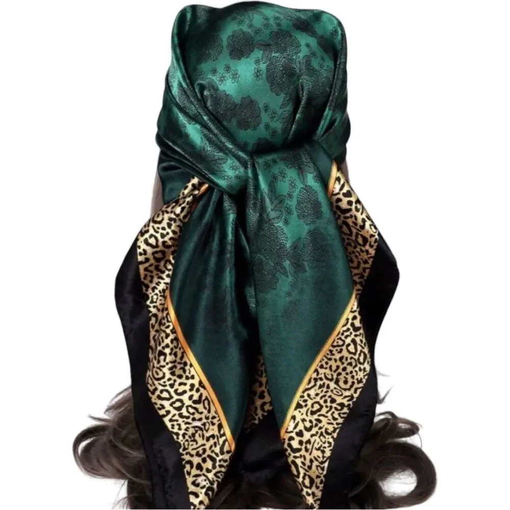 Boho Emerald Green Leopard Print Silk Scarf - Picture 9 of 13